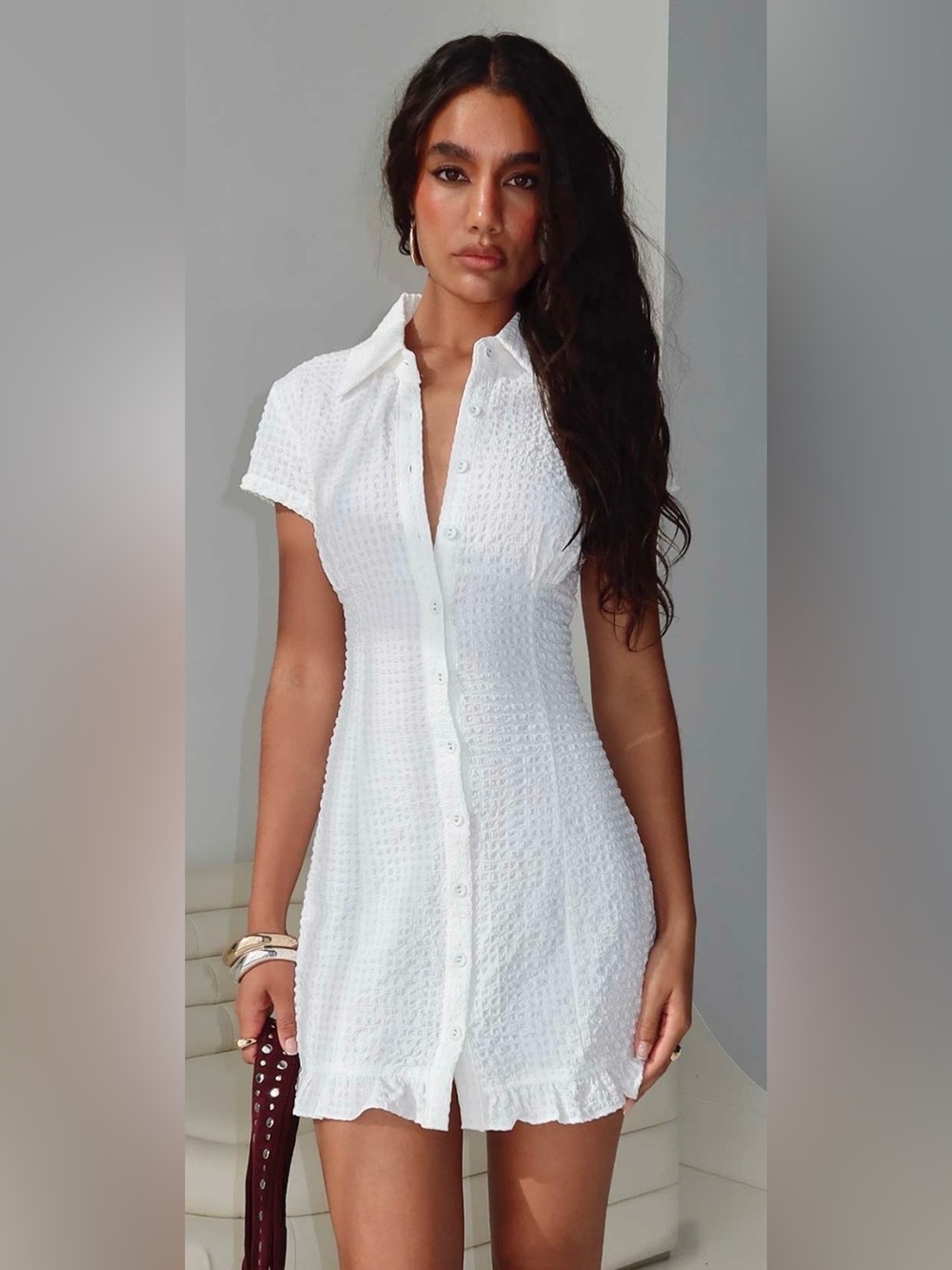 Princess Polly Covey  White Textured Button-Front Shirt Dress